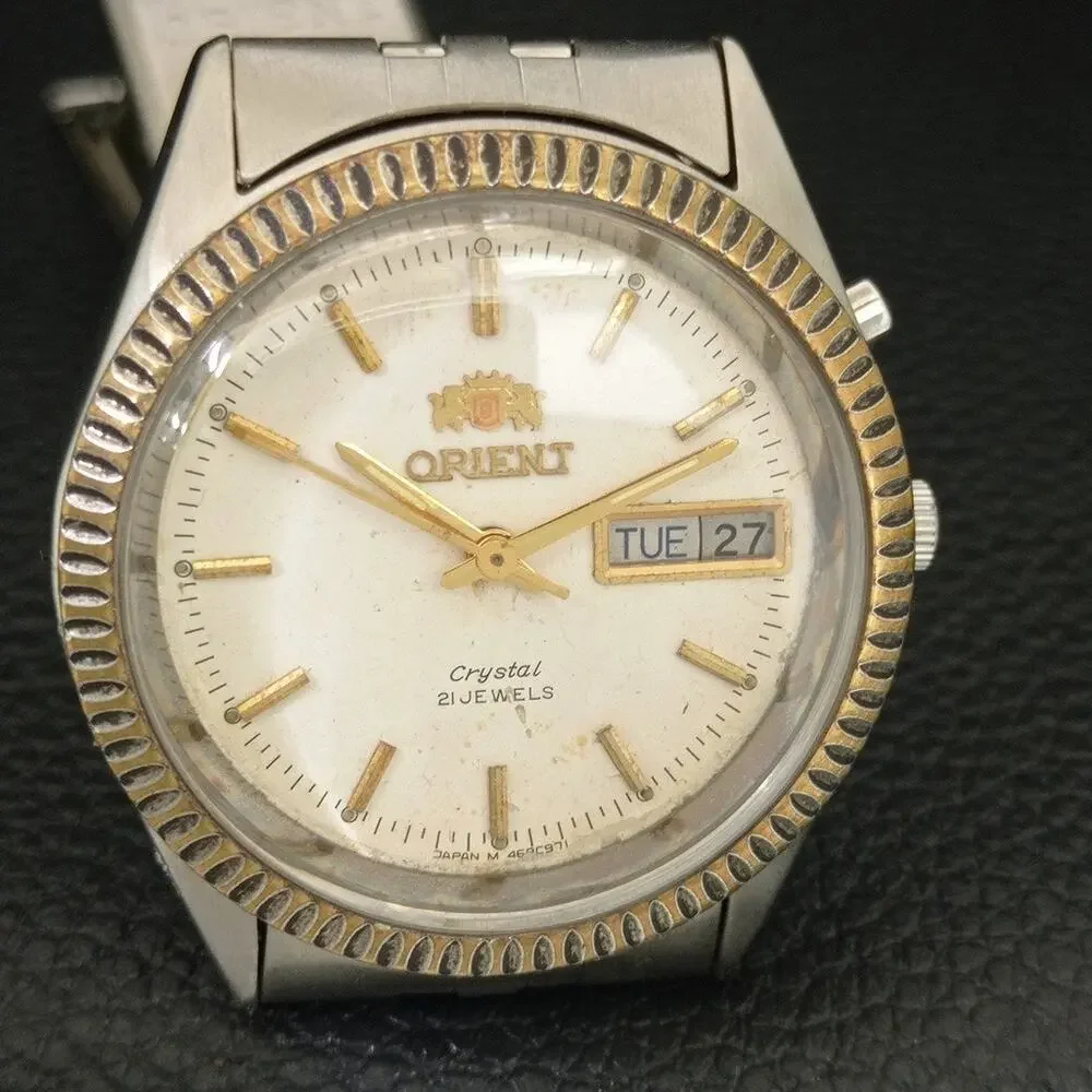 Vintage 1977 Orient Automatic Mens Silver Watch W/daydate & Gold accents